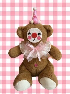 Plush Brown Clown Teddy with Pink Hat and Bow 16inch